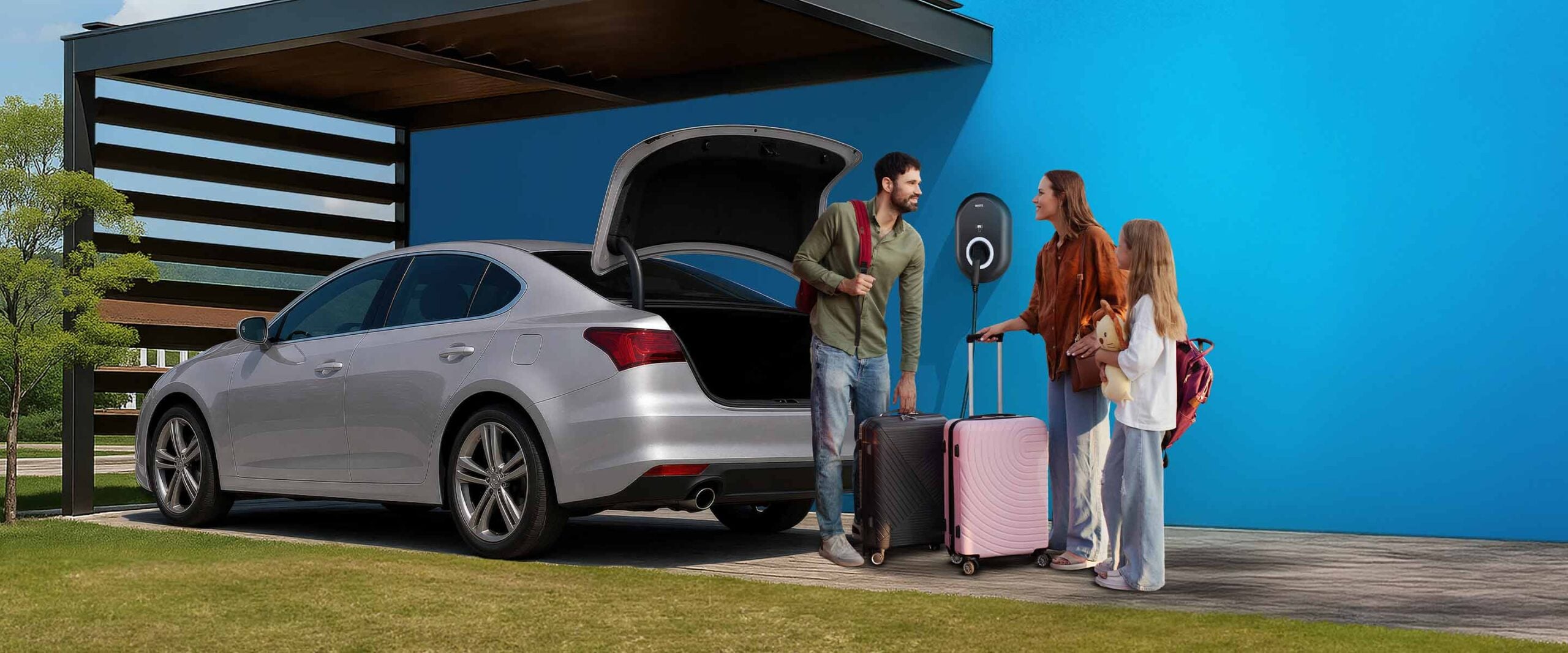 Famiglia con valigie accanto a auto con bagagliaio aperto sotto carport blu