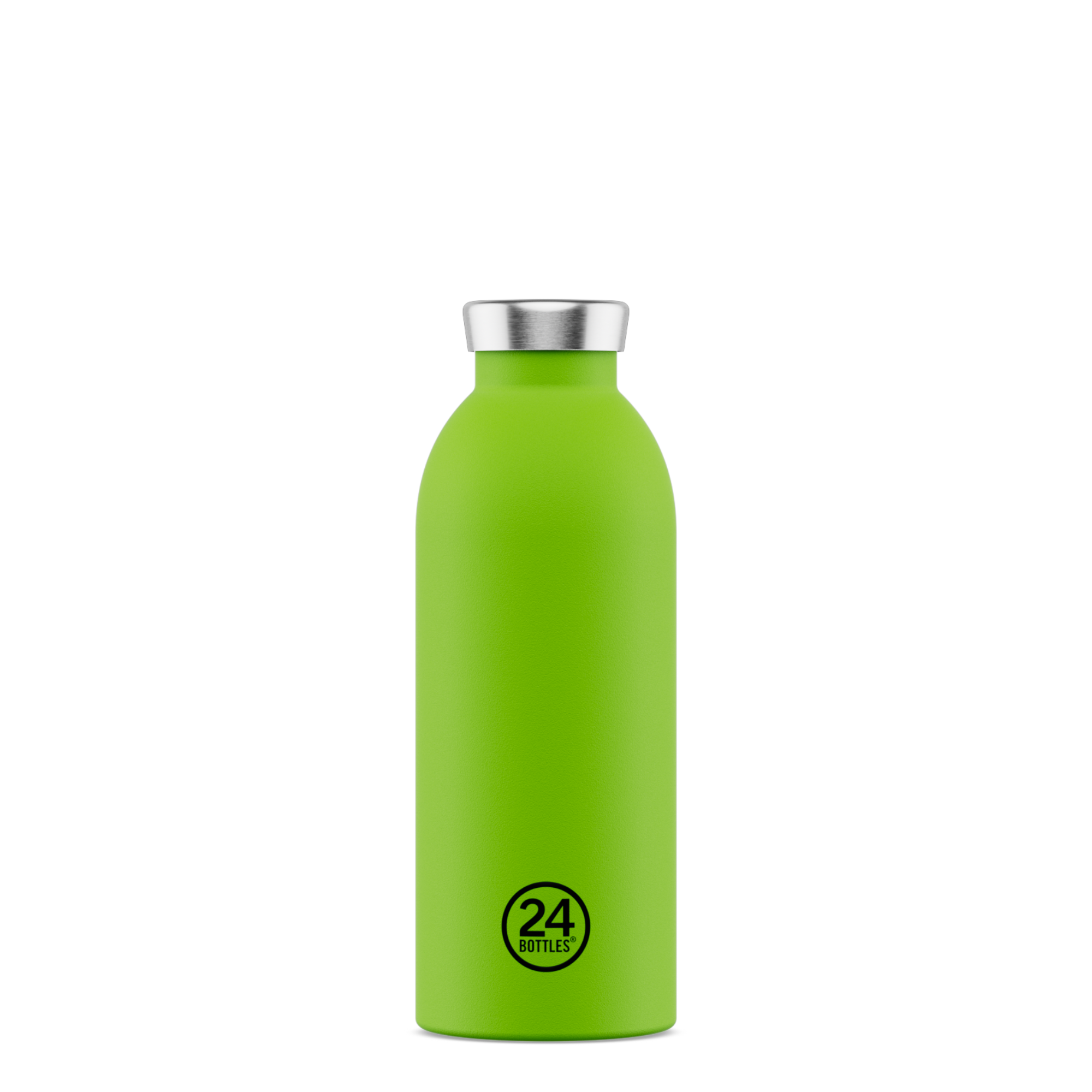 Bottiglia termica verde lime con tappo in acciaio inossidabile e logo circolare