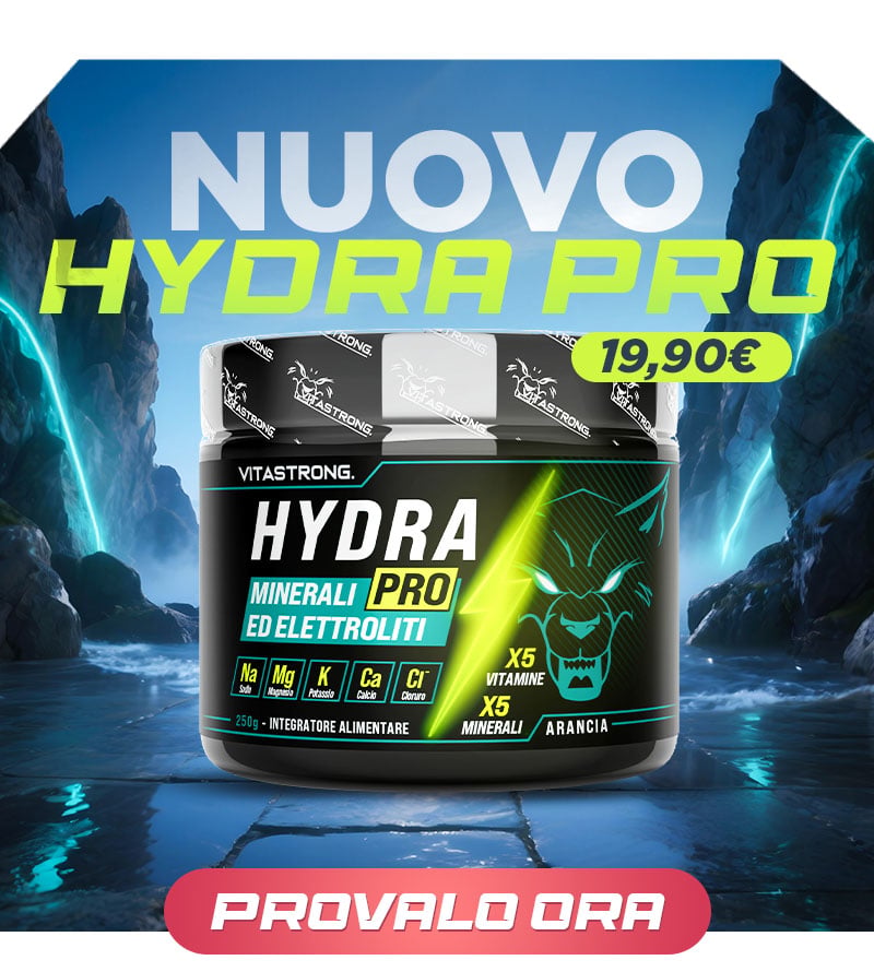 Nuovo Hydra Pro integratore di minerali ed elettroliti al prezzo di 19,90€ con bottiglia nera su sfondo di canyon con illuminazione blu