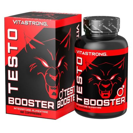 Barattolo di testosterone booster rosso e nero con confezione