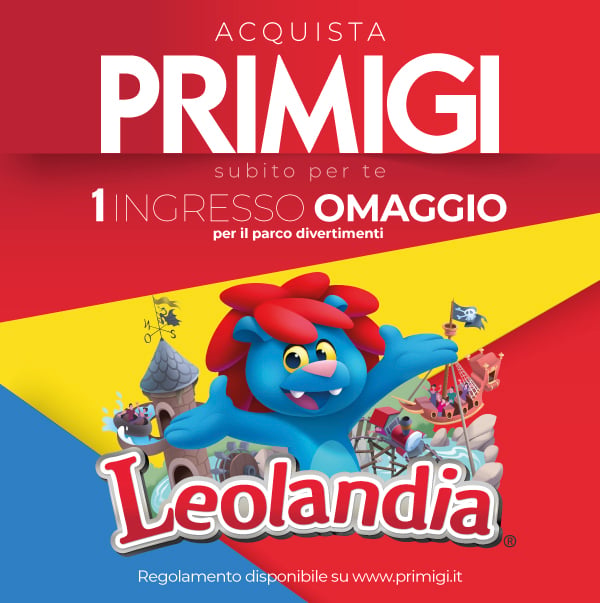 Promozionale Primigi con personaggio blu Smurfi e offerta ingresso omaggio al parco Leolandia.