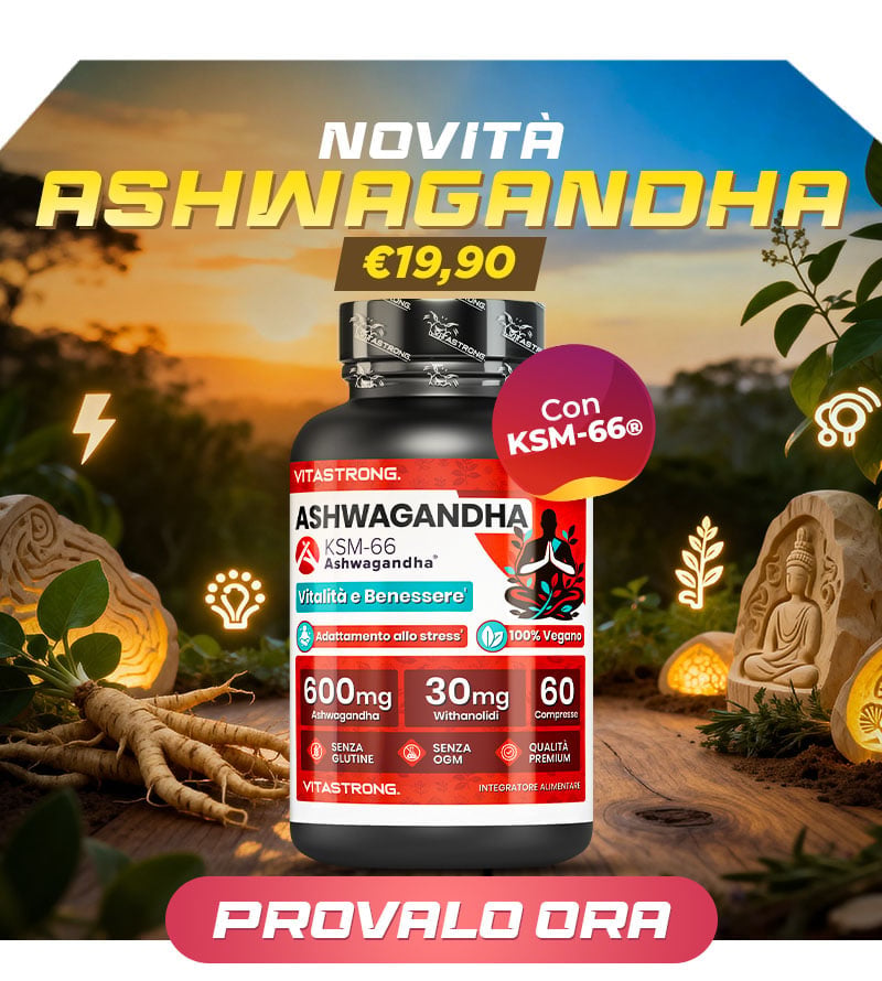Novità Ashwagandha integratore adattogeno con KSM-66 al prezzo di 19,90€ con radice su sfondo naturale al tramonto