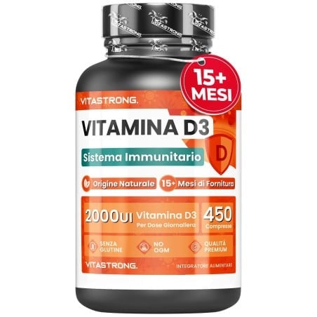 Flacone di vitamina D3 2000UI con etichetta arancione e nera, 450 compresse