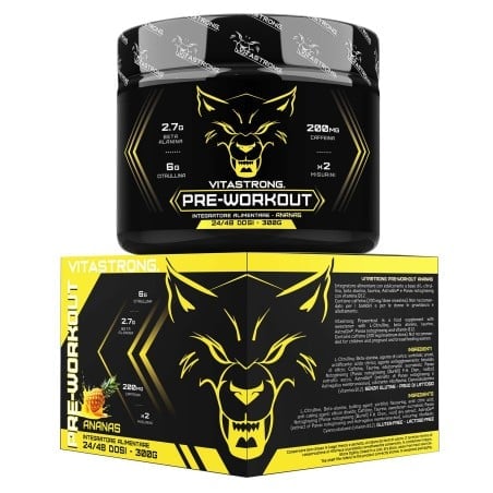 Barattolo di pre-workout nero e giallo con confezione a fianco