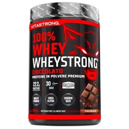 Wheystrong proteine whey 100% in polvere premium al gusto cioccolato con 222g di proteine per barattolo