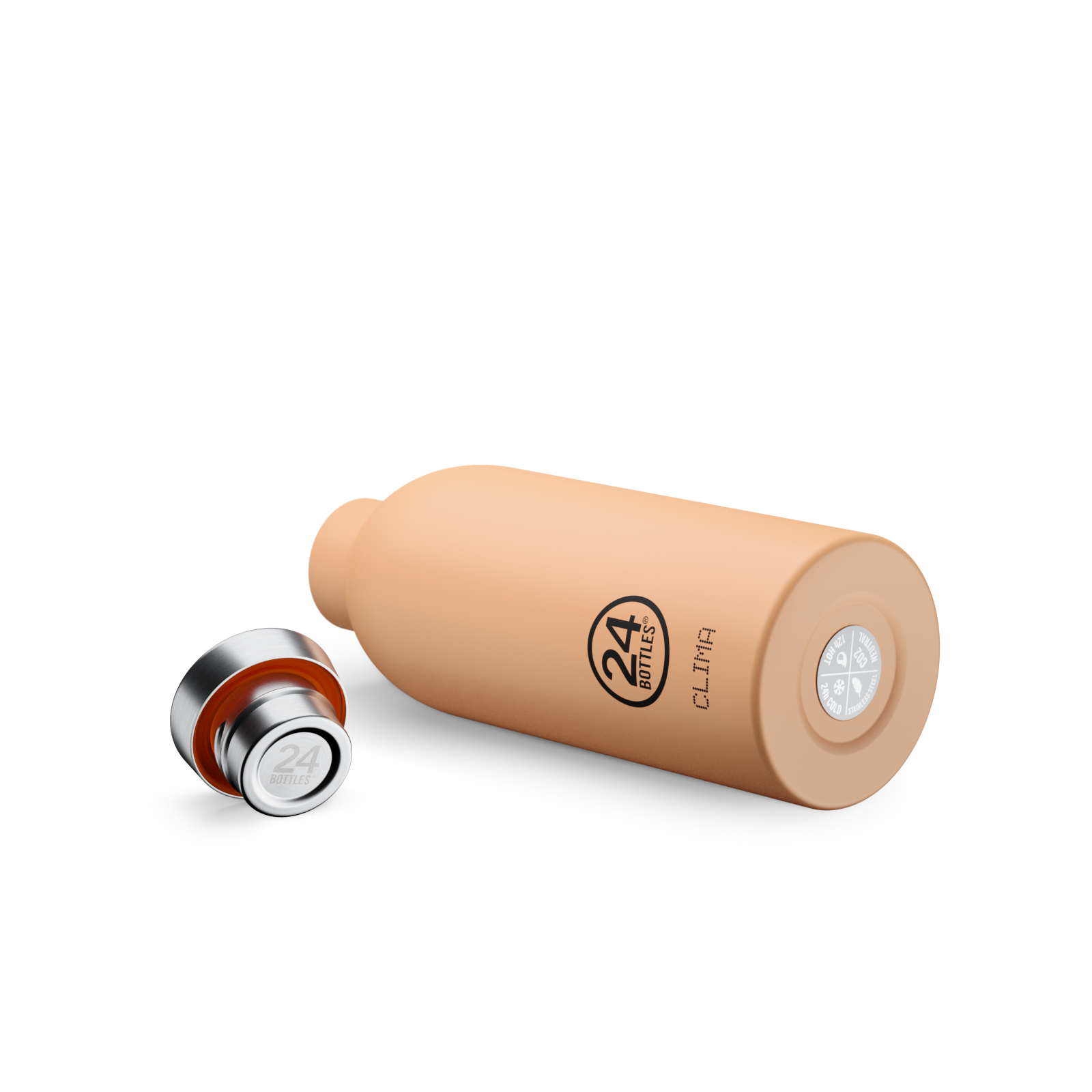 Borraccia Clima color pesca con tappo metallico removibile accanto alla bottiglia