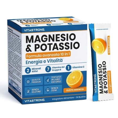 Scatola di Magnesio e Potassio in bustine con formula 10 in 1, gusto arancia