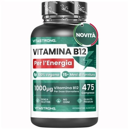 Flacone di vitamina B12 1000µg con etichetta verde, 475 compresse vegane